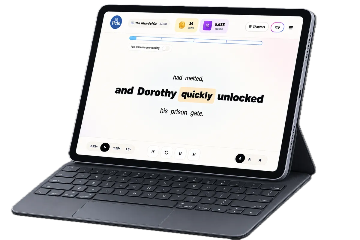 The PELE reading screen on a tablet, showing a sentence with the current word highlighted and audio controls