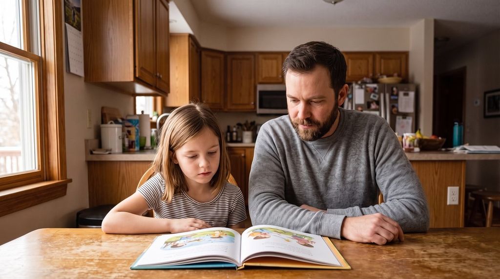 Child paused over an open book, parent waiting beside them without pointing or correcting.