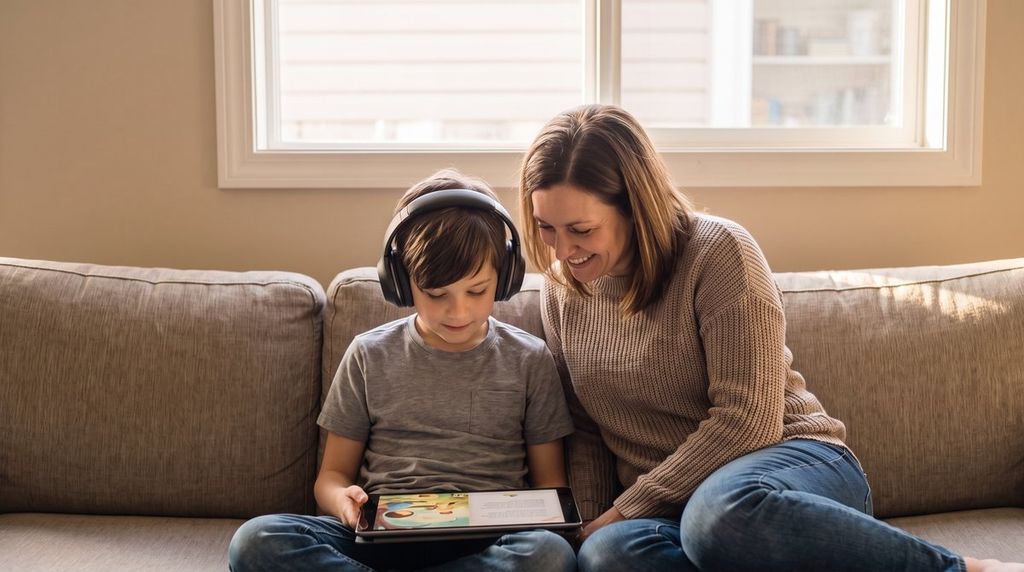 Child with headphones at a tablet, parent nearby but not correcting.