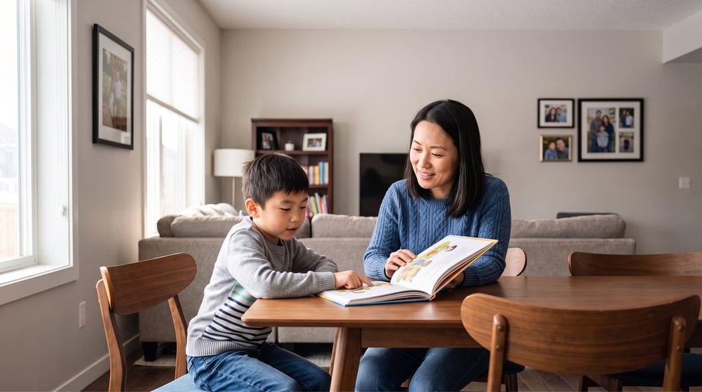 Adult has just read a short line, and the child is about to read the same line.