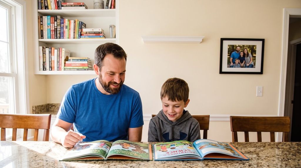 Parent and child choosing between two closed books at a kitchen table.