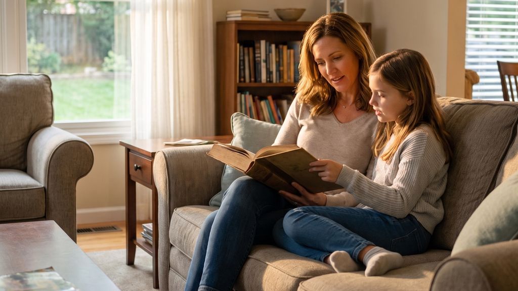 Short home reading practice on a sofa, with no clock or worksheet.