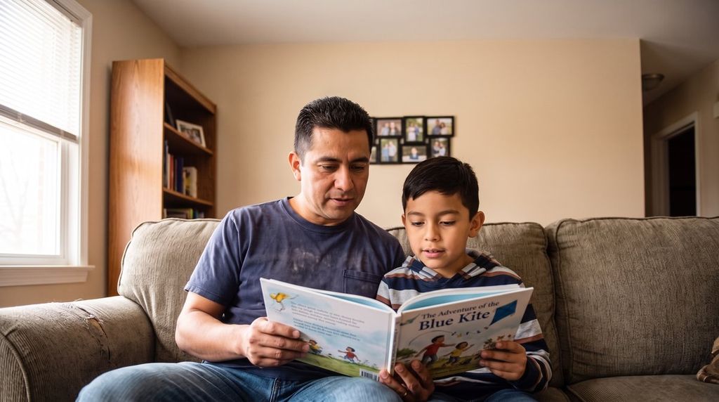 Child reading the same short book again while a parent listens.